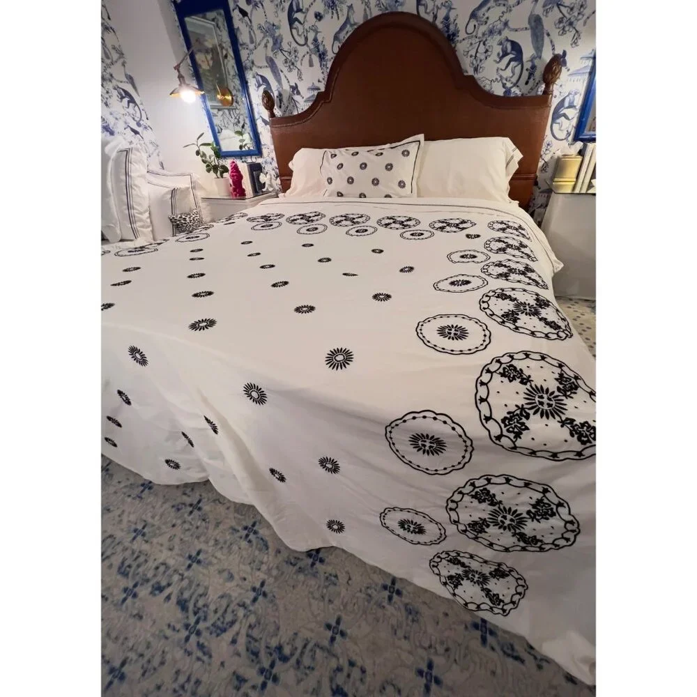 MARTHA STEWART King Size Duvet + 1 Sham Embroidered 100% Egyptian Cotton Black